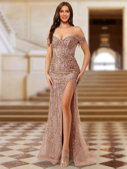 Robe de Bal Sirène à Épaules Dénudées et Manches Courtes avec Paillettes