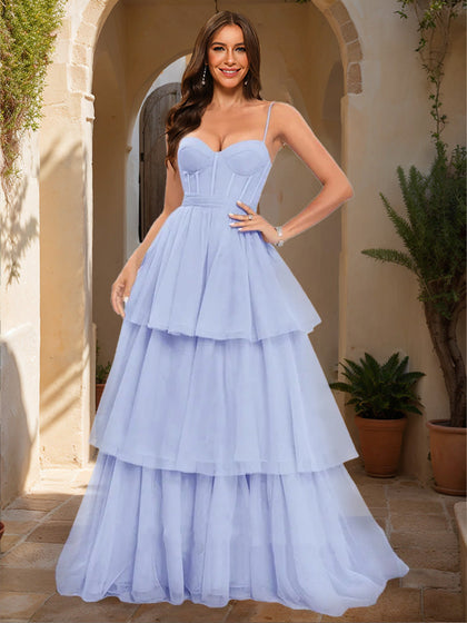 Robe de Bal Trapèze/Princesse à Bretelles Spaghetti Sans Manches et à Volants