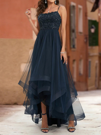 Robe de Bal Trapèze/Princesse à Bretelles Spaghetti Sans Manches et à Volants