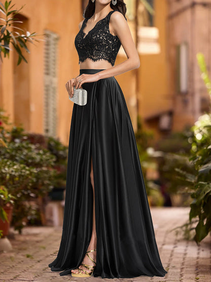 Robe de Bal Trapèze/Princesse Sans Manches, Col en V et Fente Latérale