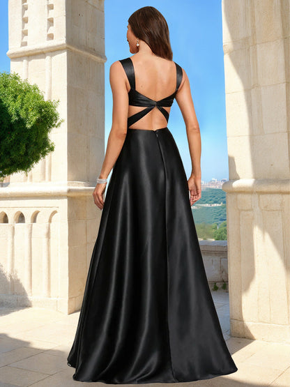 Robe de Bal Trapèze/Princesse Sans Manches, Col en V et Fente Latérale