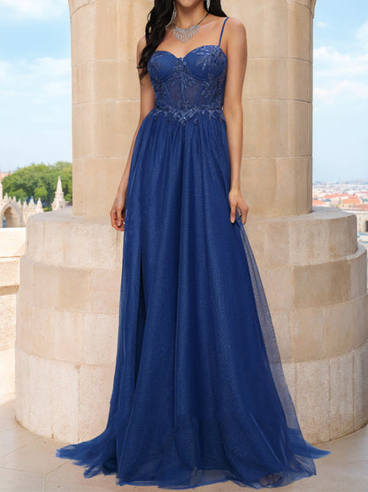 Robe de Bal Trapèze/Princesse à Bretelles Spaghetti Sans Manches avec Fente Latérale
