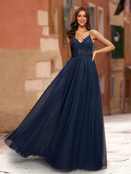 Robe de Bal Trapèze/Princesse Sans Manches à Col en V et Appliqués