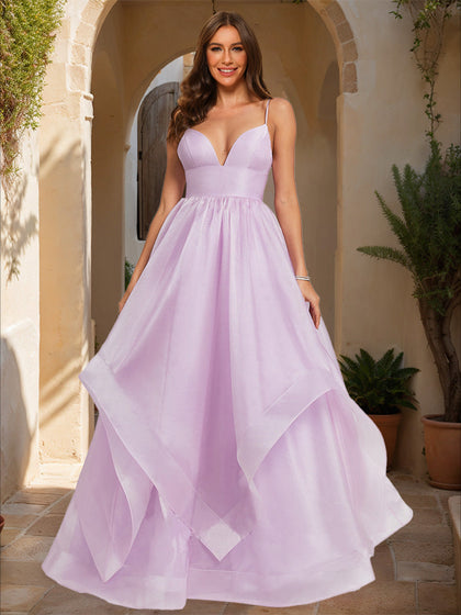 Robe de Bal Trapèze/Princesse à Décolleté Plongeant en V, Sans Manches, à Volants