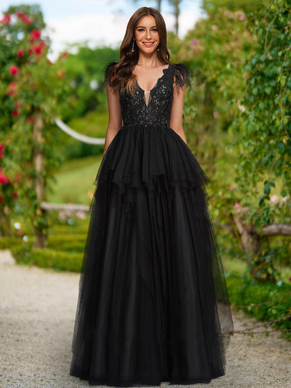 Robe de Bal à Paillettes, Col en V, Sans Manches
