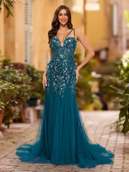 Robe de Bal Fourreau/Colonne à Col en V Sans Manches avec Appliques