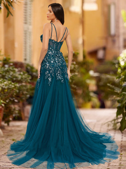 Robe de Bal Fourreau/Colonne à Col en V Sans Manches avec Appliques