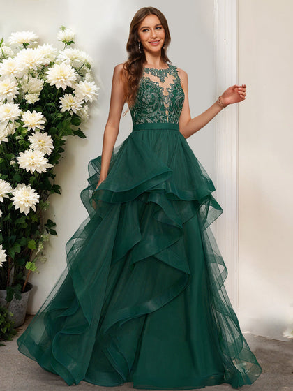 Robe de Bal à Volants et Col en V Sans Manches