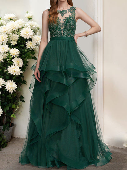 Robe de Bal à Volants et Col en V Sans Manches