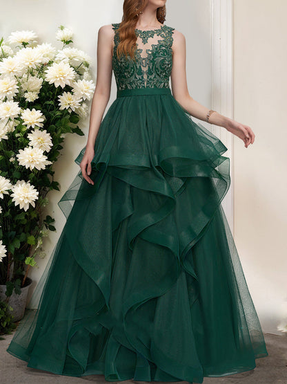 Robe de Bal à Volants et Col en V Sans Manches