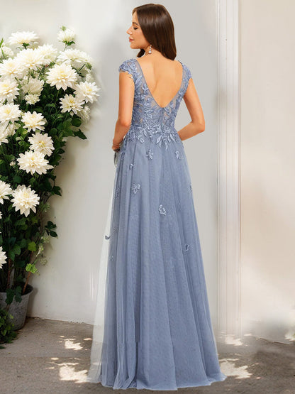Robe de Bal Trapèze/Princesse à Col en V Sans Manches avec Appliques