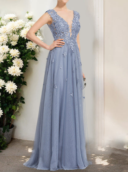 Robe de Bal Trapèze/Princesse à Col en V Sans Manches avec Appliques