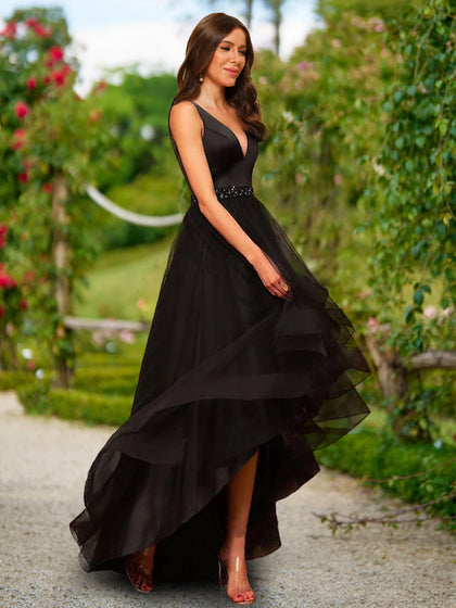 Robe de Bal Trapèze/Princesse Sans Manches à Col en V et Ceinture