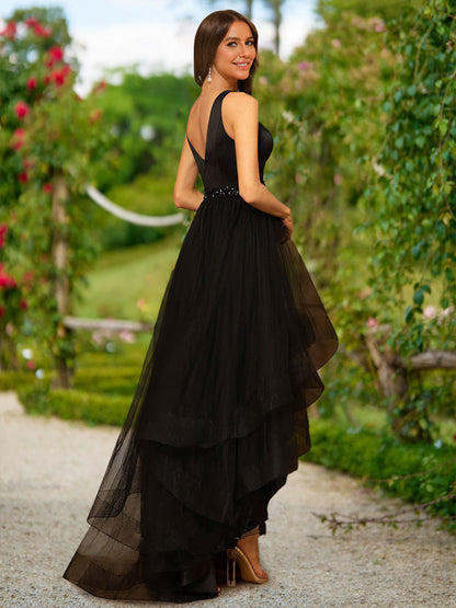 Robe de Bal Trapèze/Princesse Sans Manches à Col en V et Ceinture