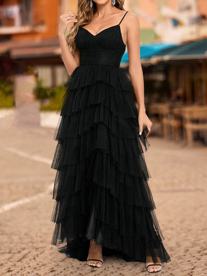 Robe de Bal Trapèze/Princesse Sans Manches à Col en V et à Volants