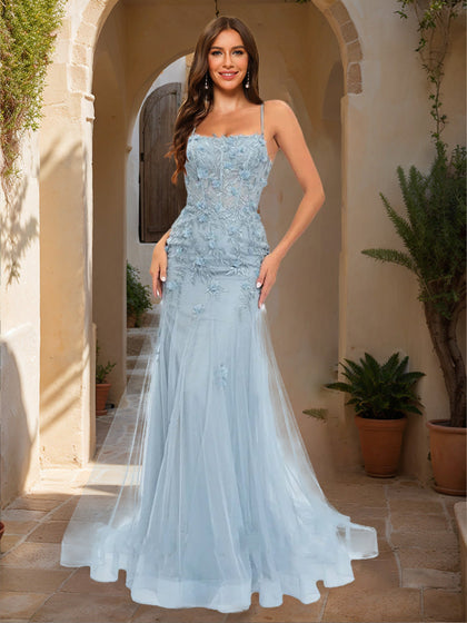 Robe de Bal Sirène/Trompette à Col Carré Sans Manches en Dentelle