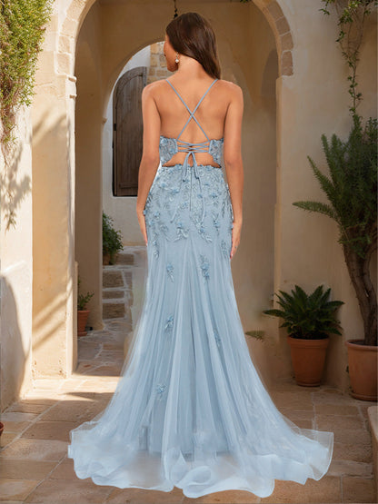 Robe de Bal Sirène/Trompette à Col Carré Sans Manches en Dentelle