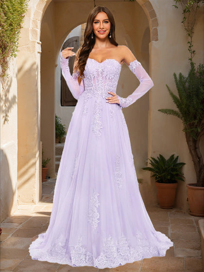 Robe de Bal Trapèze/Princesse Sans Bretelles à Manches Longues en Dentelle