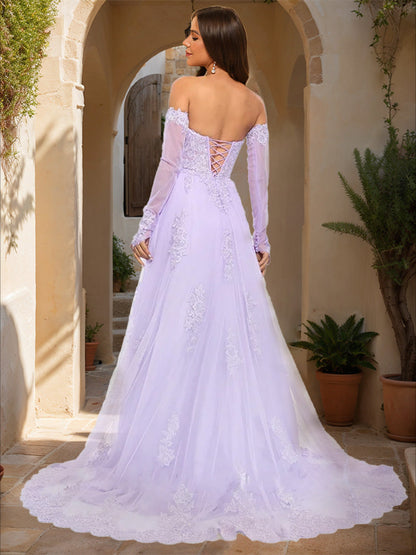 Robe de Bal Trapèze/Princesse Sans Bretelles à Manches Longues en Dentelle
