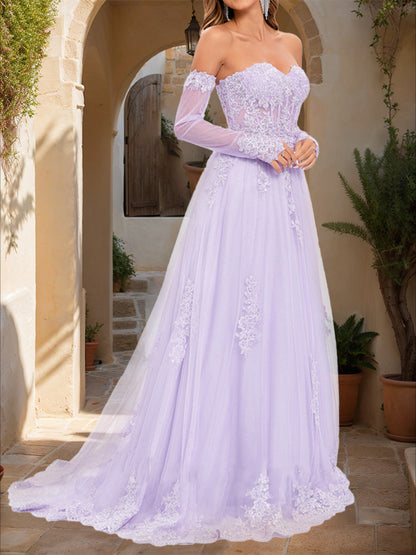 Robe de Bal Trapèze/Princesse Sans Bretelles à Manches Longues en Dentelle