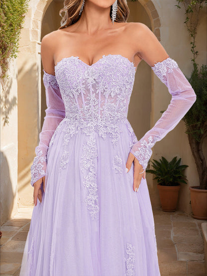 Robe de Bal Trapèze/Princesse Sans Bretelles à Manches Longues en Dentelle