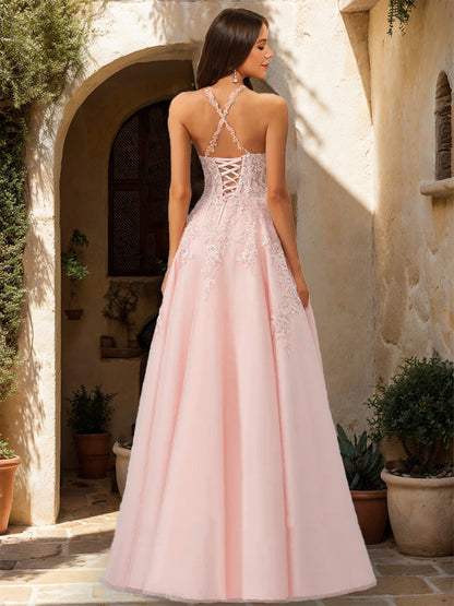 Robe de Bal Trapèze/Princesse à Paillettes Sans Manches et Dos Nu