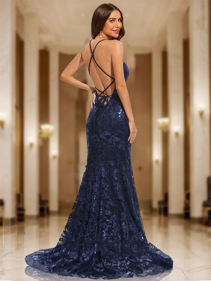 Robe de Bal Sirène/Trompette à Col en V et Sans Manches à Paillettes