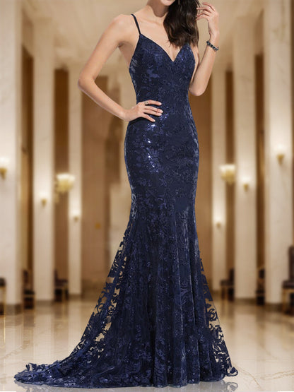 Robe de Bal Sirène/Trompette à Col en V et Sans Manches à Paillettes