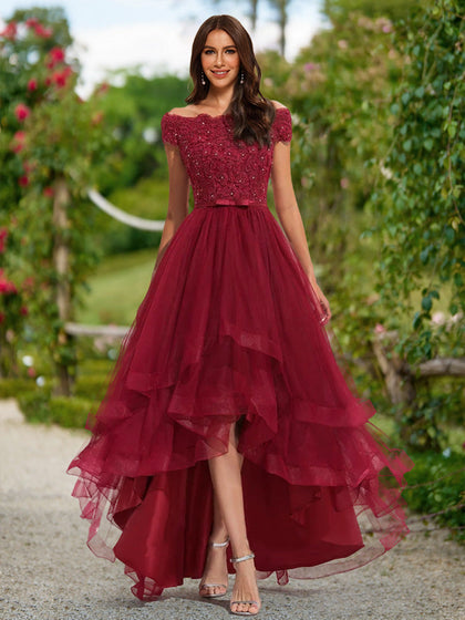 Robe de Bal Trapèze/Princesse à Épaules Dénudées et Manches Courtes à Volants