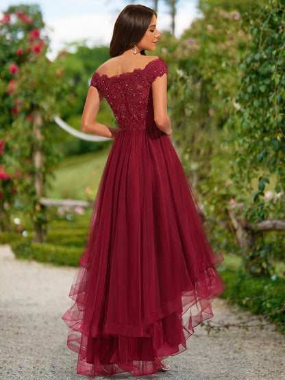 Robe de Bal Trapèze/Princesse à Épaules Dénudées et Manches Courtes à Volants