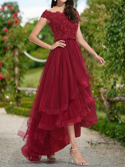 Robe de Bal Trapèze/Princesse à Épaules Dénudées et Manches Courtes à Volants