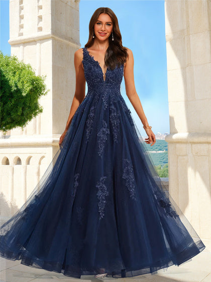 Robe de Bal Trapèze/Princesse en Dentelle Sans Manches à Col en V