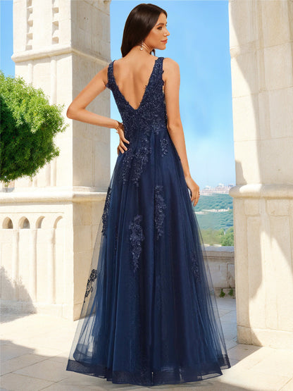 Robe de Bal Trapèze/Princesse en Dentelle Sans Manches à Col en V