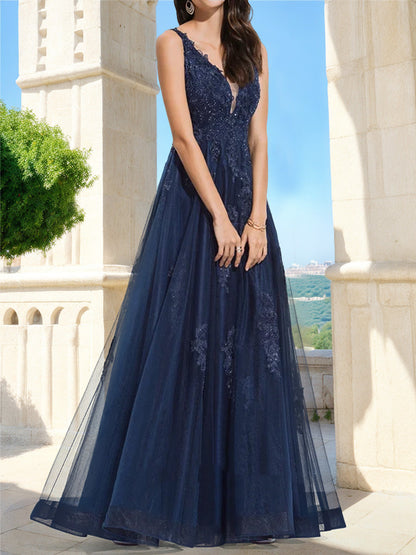 Robe de Bal Trapèze/Princesse en Dentelle Sans Manches à Col en V
