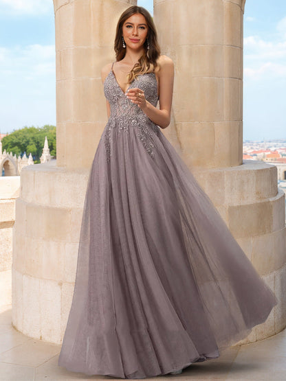 Robe de Bal Trapèze/Princesse à Paillettes, Col en V, Sans Manches