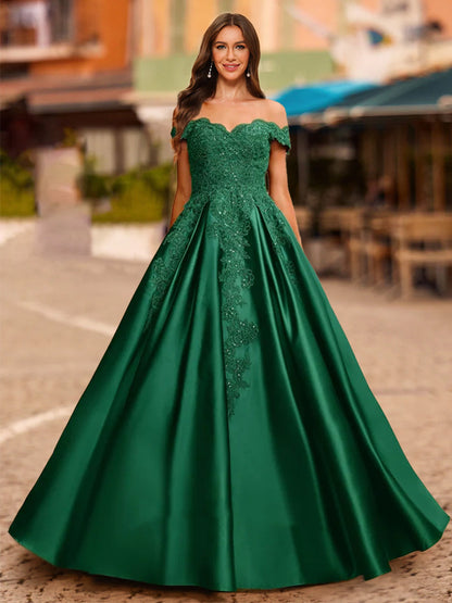 Robe de Bal à Épaules Dénudées et Manches Courtes à Paillettes