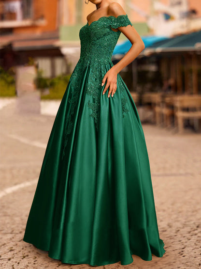 Robe de Bal à Épaules Dénudées et Manches Courtes à Paillettes