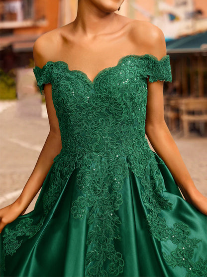 Robe de Bal à Épaules Dénudées et Manches Courtes à Paillettes