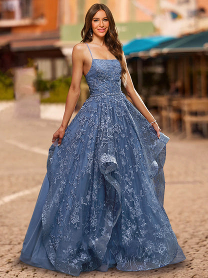 Robe de Bal à Paillettes, Col Carré, Sans Manches