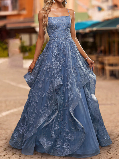 Robe de Bal à Paillettes, Col Carré, Sans Manches