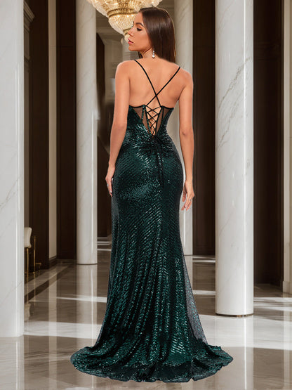 Robe de Bal Sirène/Trompette à Col en V Sans Manches et Fente Latérale
