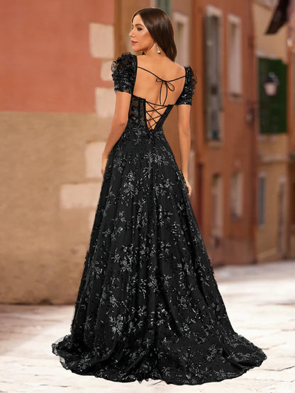 Robe de Bal Trapèze/Princesse à Col en V et Manches Bouffantes, Fendue Sur le Côté