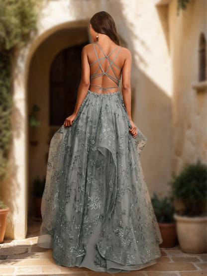 Robe de Bal à Col en V Sans Manches et à Volants