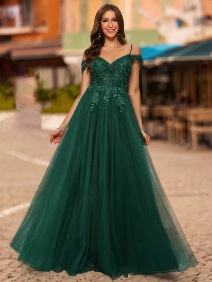 Robe de Bal Trapèze/Princesse à Épaules Dénudées et Manches Courtes à Paillettes