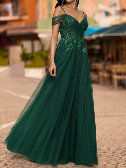 Robe de Bal Trapèze/Princesse à Épaules Dénudées et Manches Courtes à Paillettes
