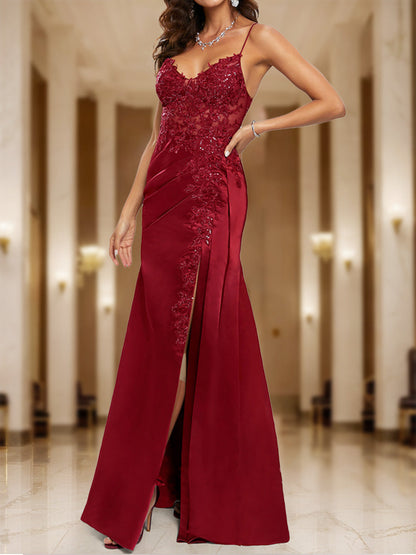 Robe de Bal Fourreau/Colonne à Col en V Sans Manches et Fendue Sur le Côté