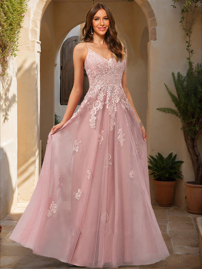 Robe de Bal Trapèze/Princesse à Col en V Sans Manches avec Appliques