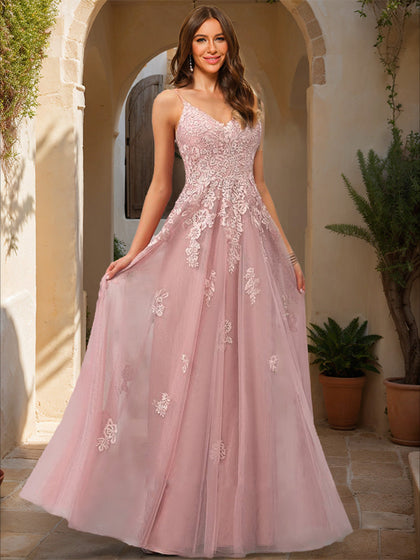 Robe de Bal Trapèze/Princesse à Col en V Sans Manches avec Appliques