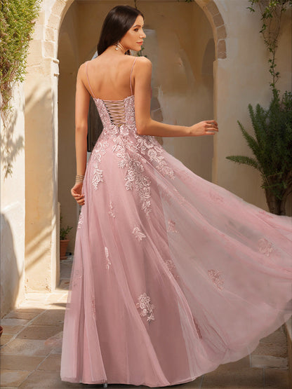 Robe de Bal Trapèze/Princesse à Col en V Sans Manches avec Appliques