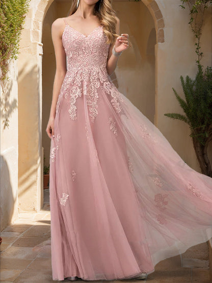 Robe de Bal Trapèze/Princesse à Col en V Sans Manches avec Appliques